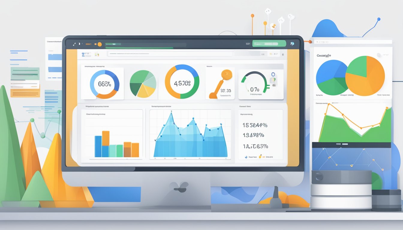 A computer screen displaying Google Analytics with various content optimization tools.</p><p>Graphs and charts show higher search engine rankings