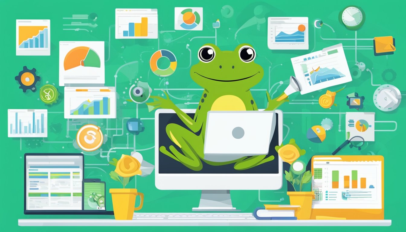 A frog with a megaphone, surrounded by various content optimization tools, such as a computer, keyword research tools, and SEO analytics charts