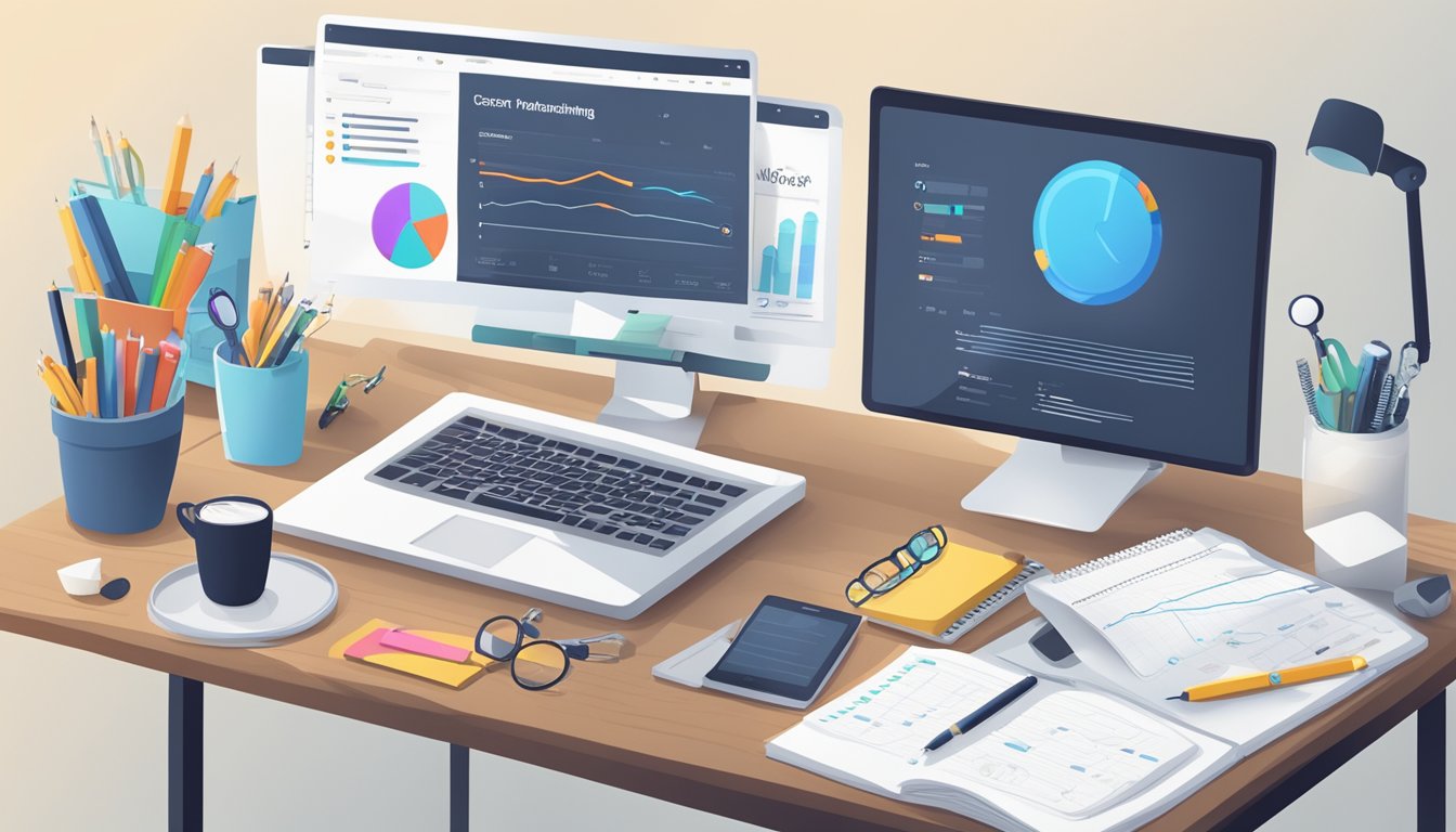 A desk with a computer screen displaying search engine rankings, surrounded by various content optimization tools and a notepad with key metrics listed