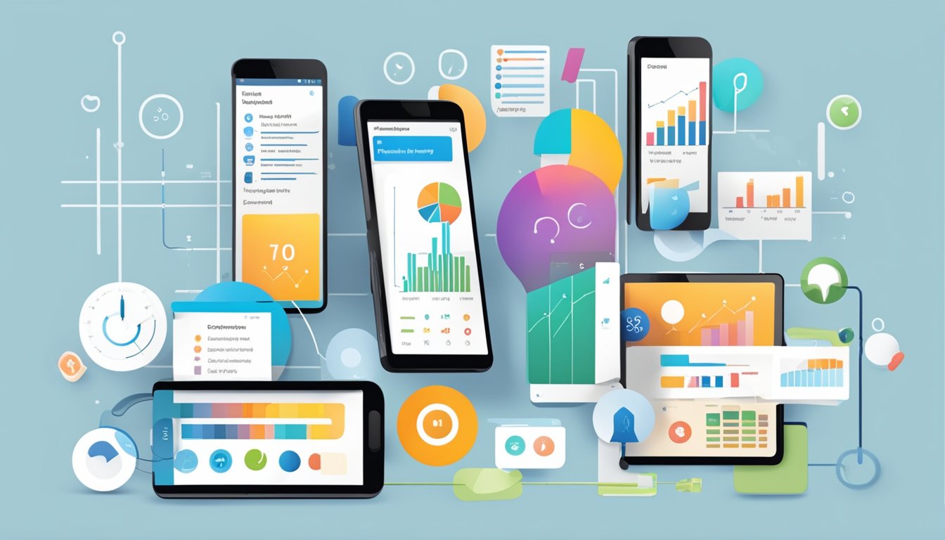 A smartphone with 8 mobile-friendliness testing tools displayed on the screen, surrounded by various metrics and data points