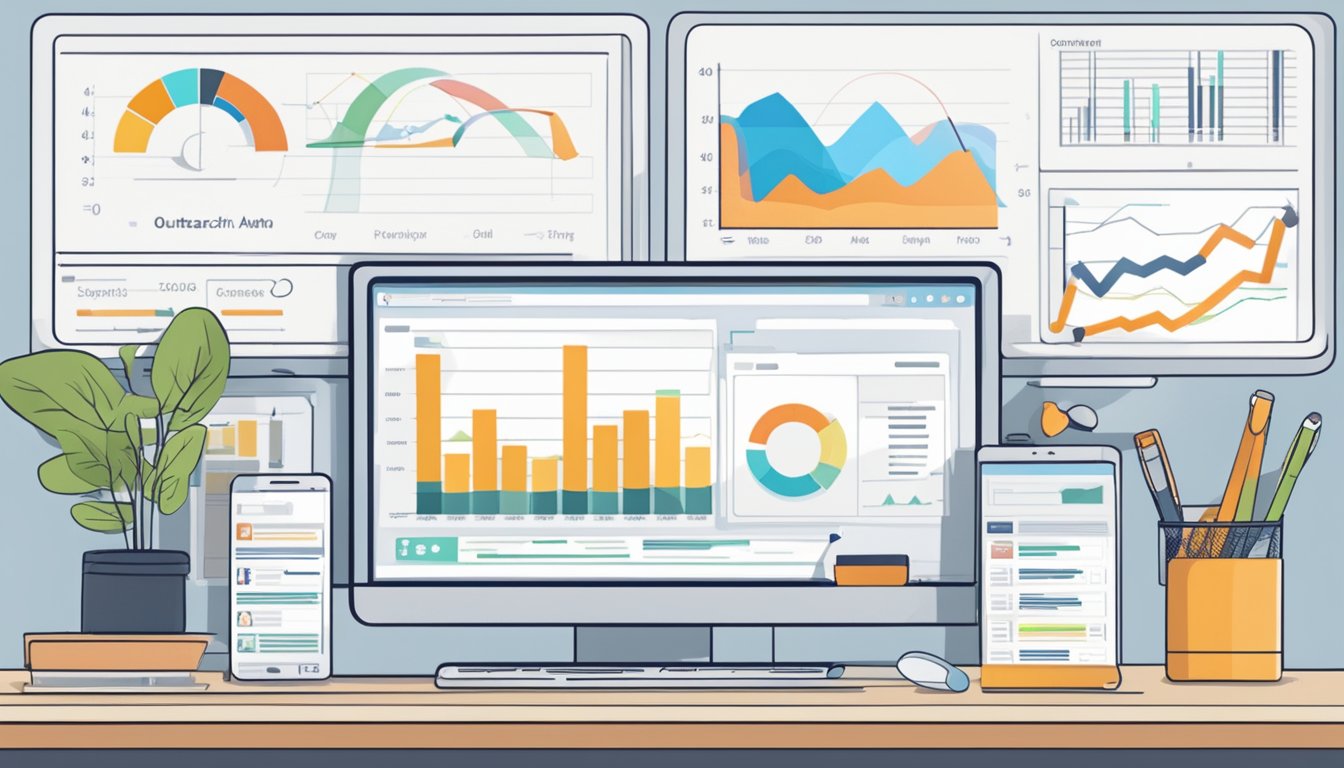 Various tools, such as backlink analysis software and outreach platforms, are displayed on a computer screen.</p><p>A graph shows an increase in domain authority