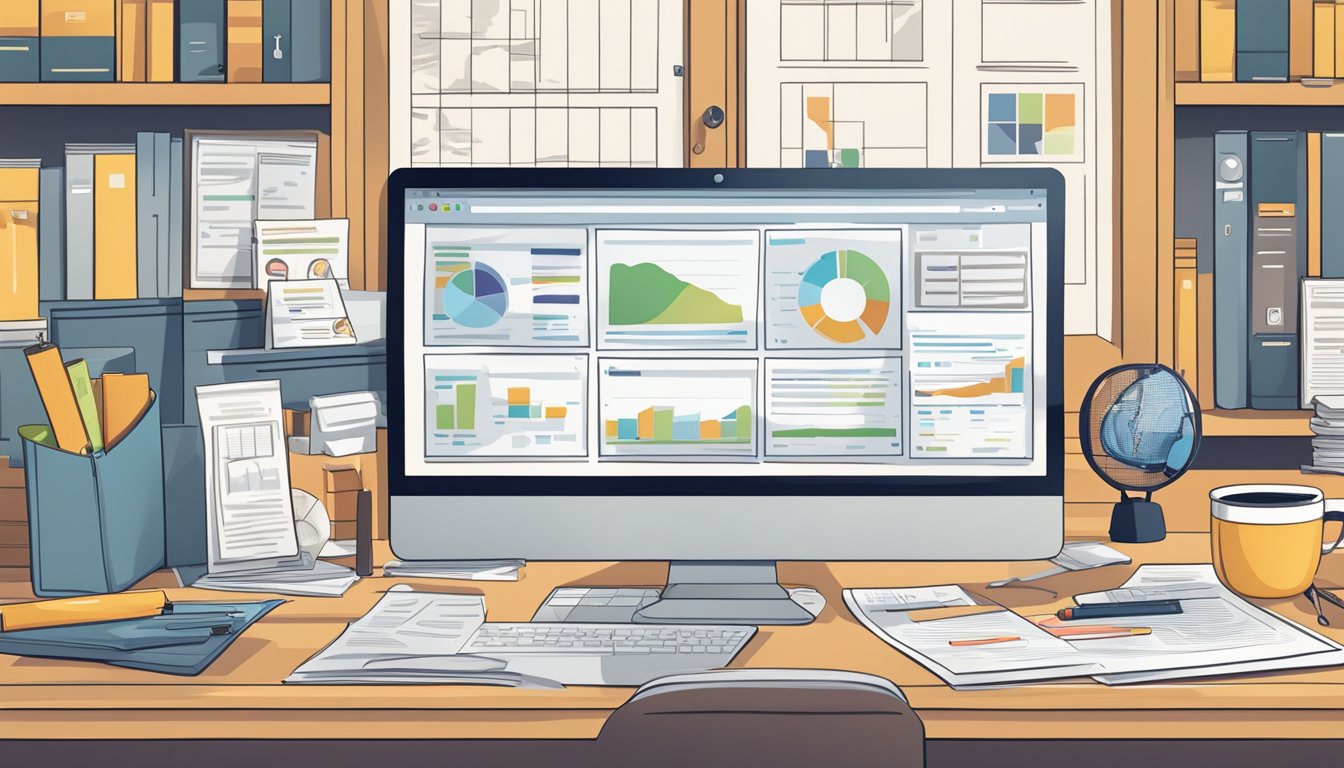 A desk with a computer displaying site audit tools, surrounded by SEO-related books and papers