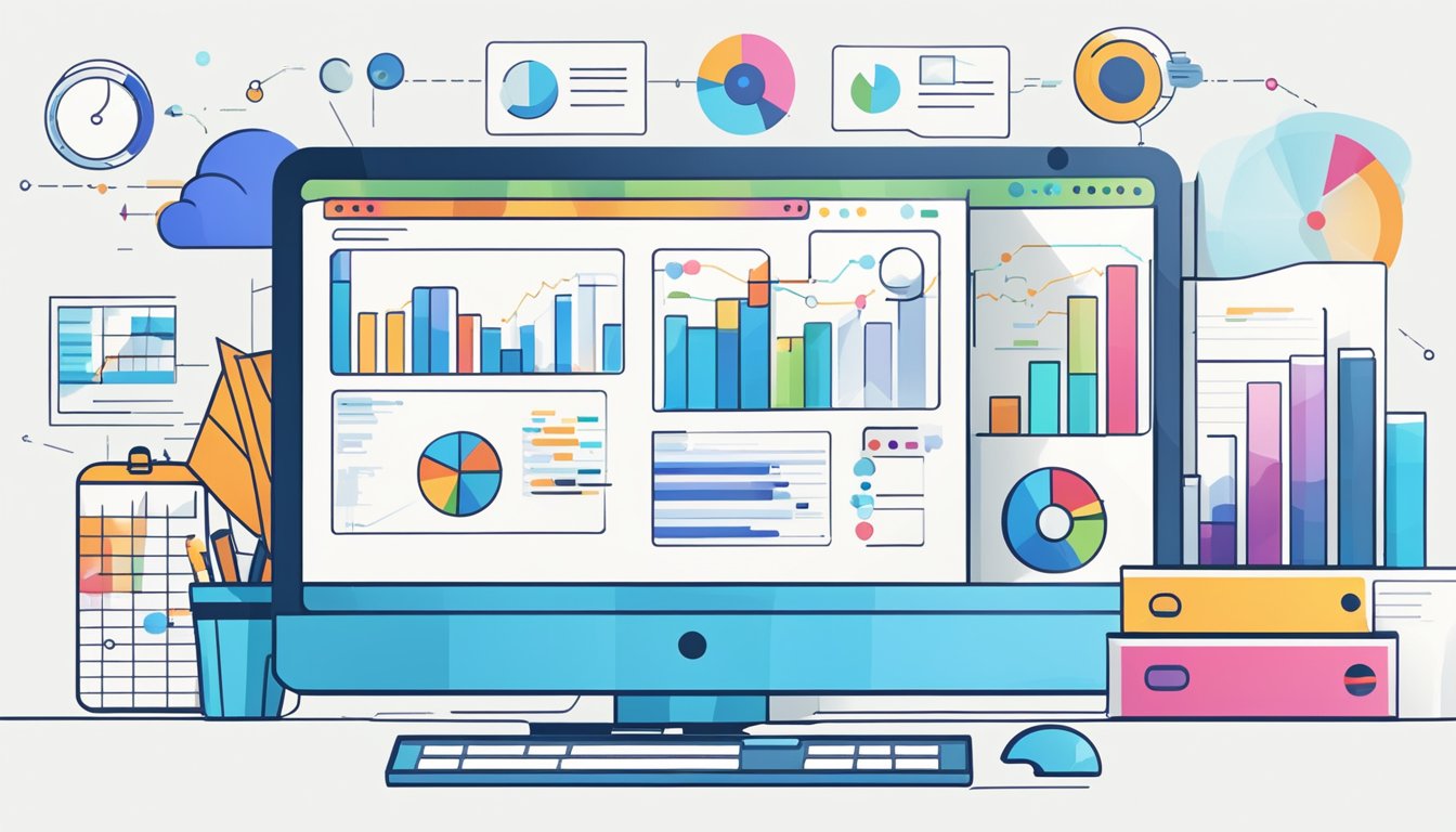 A computer screen displays 10 SEO audit tools.</p><p>Graphs and charts show common SEO issues being uncovered and fixed