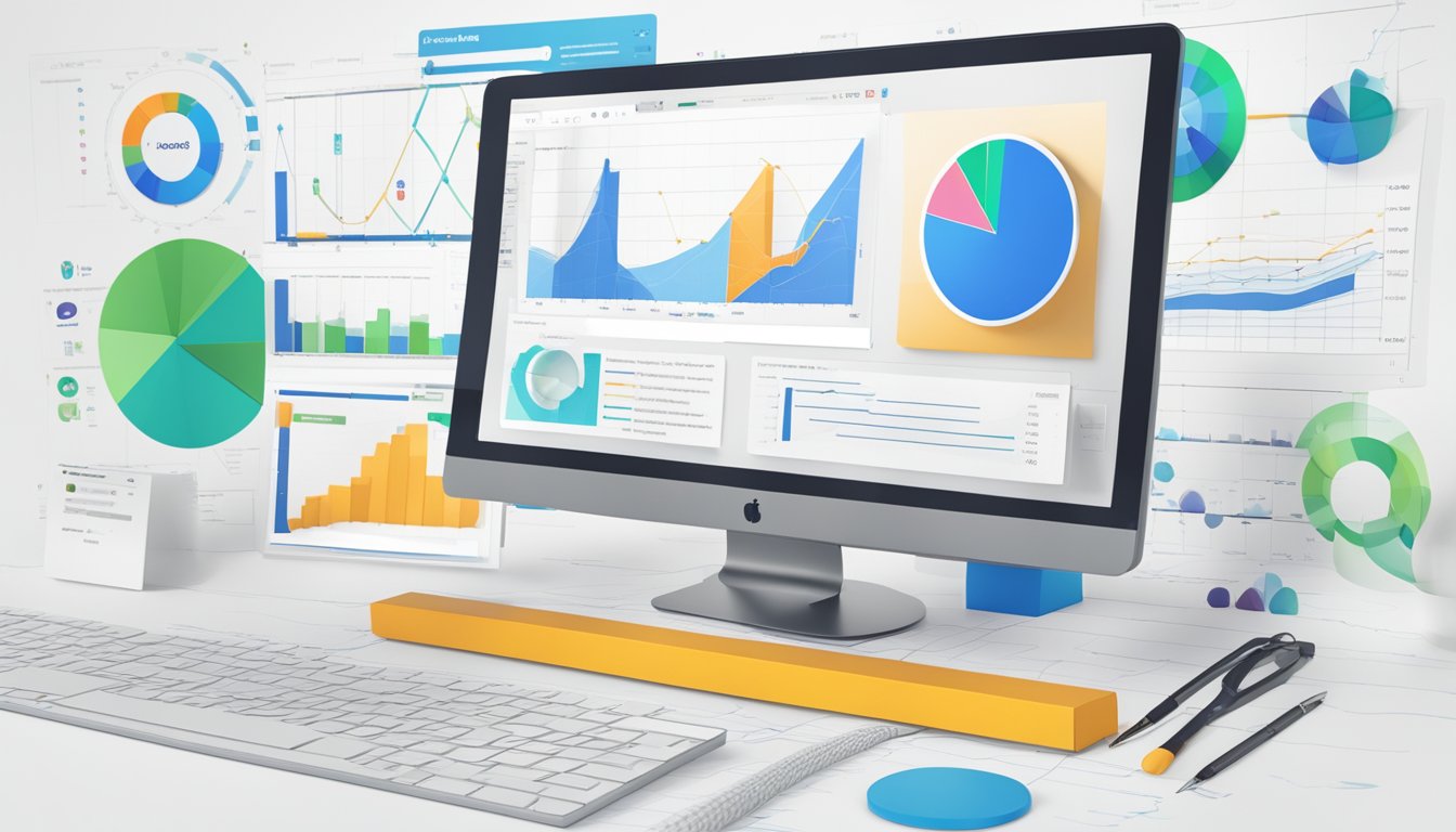 A computer screen displaying 9 linked tools with the Pitchbox logo, surrounded by graphs showing a steady increase in domain authority