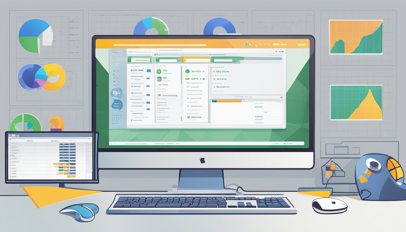 A computer screen displays 11 backlink checkers on a desk with a keyboard and mouse.</p><p>The software logos are visible, and a graph shows link profile monitoring