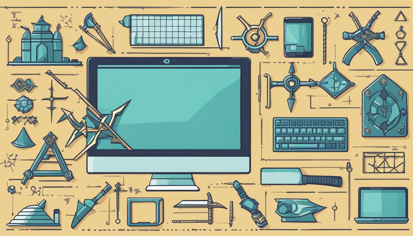 A computer screen displaying 9 link building tools, surrounded by ninja-themed elements like shurikens and a katana, symbolizing the stealth and precision of the outreach process