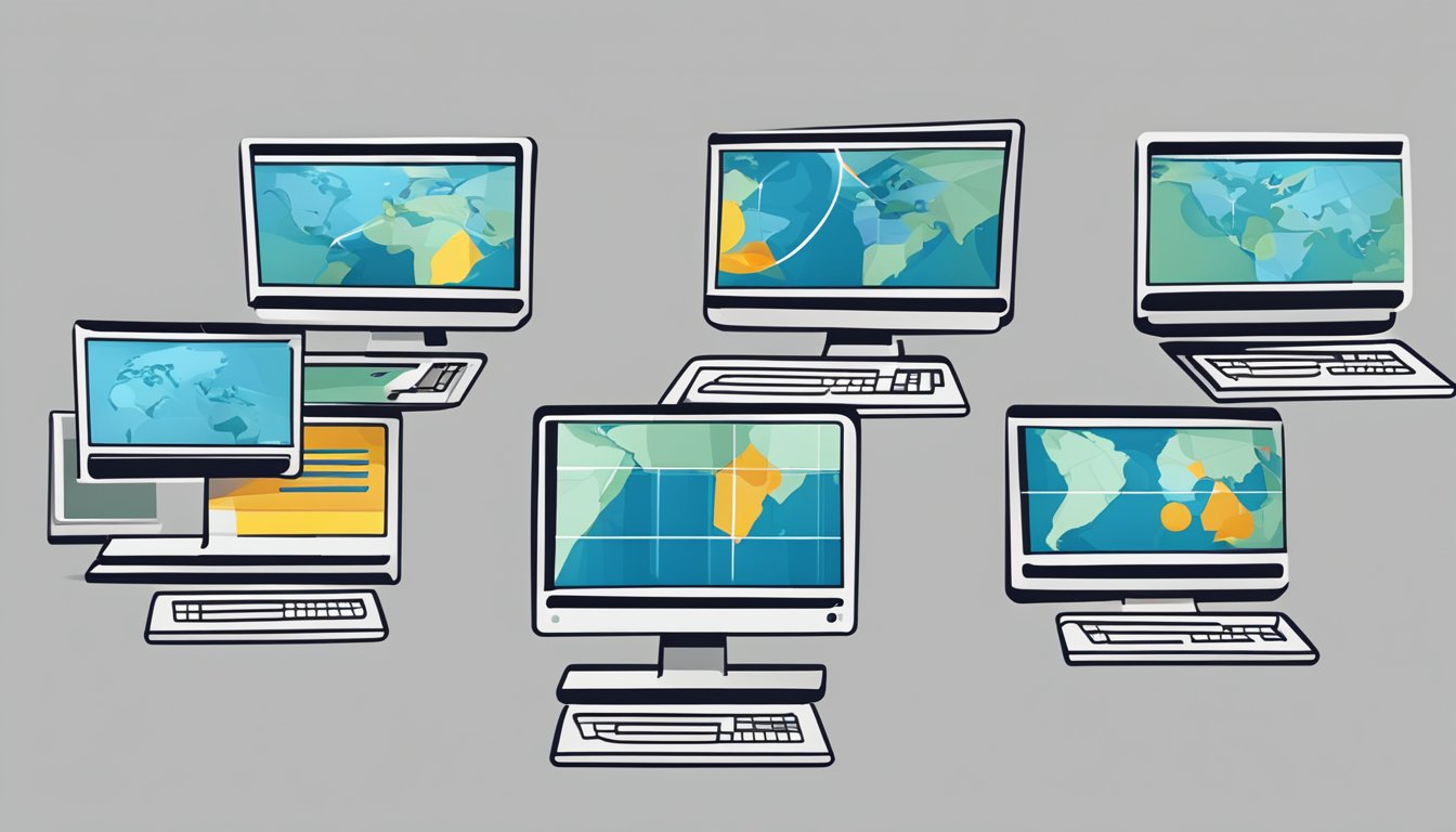 Eight SpyFu monitors display SERP positions, tracking ranking progress