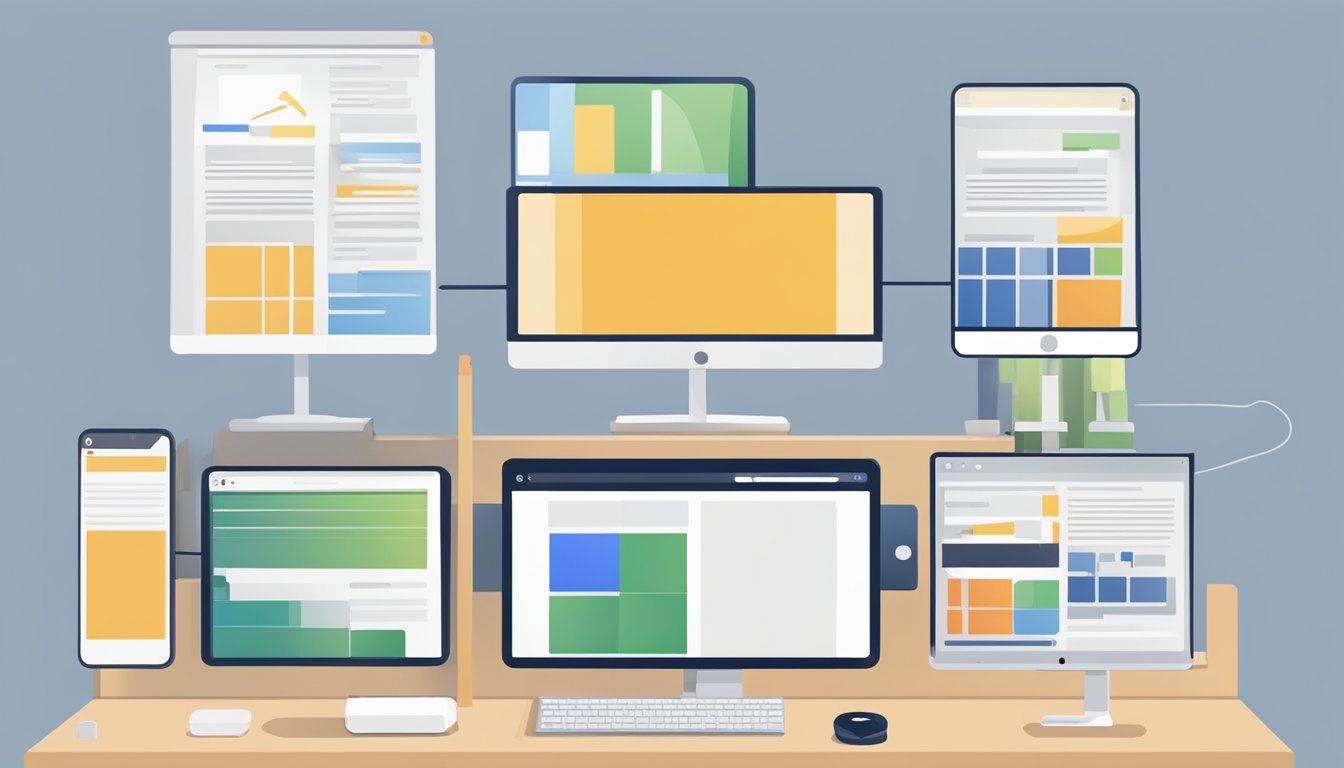 A mobile phone and a desktop computer facing each other, with five ranking comparison tools displayed on their screens