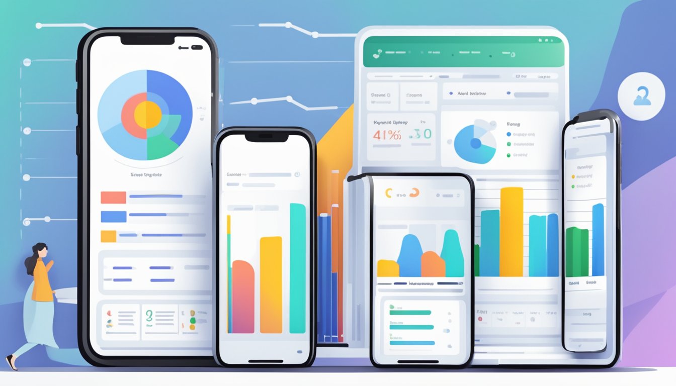 A split-screen showing mobile and desktop search results for the same keyword, with charts and graphs comparing rankings and visibility