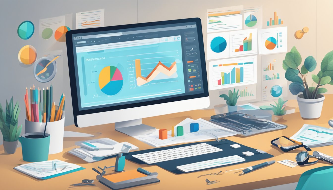 A desk with a computer showing SEO tools, surrounded by charts and graphs.</p><p>A magnifying glass hovers over the screen, symbolizing analysis