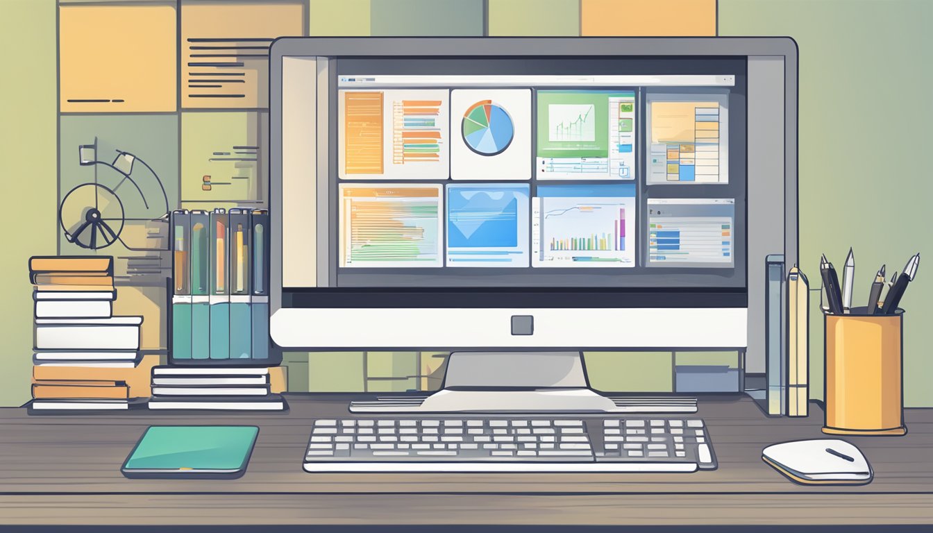 A desk with a computer, notebook, and pen.</p><p>Eight different readability analyzer software logos displayed on the computer screen