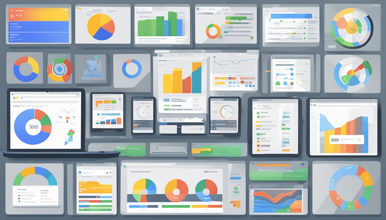 A computer screen displaying Google Data Studio with 8 custom report generators, showcasing comprehensive SEO insights