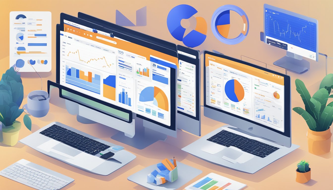 Six computer screens showing Ahrefs website comparison tools in action, with data and charts comparing against competitors