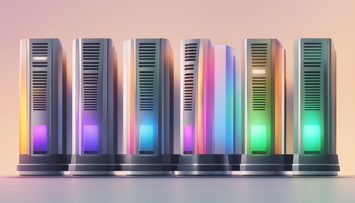 A row of 8 sleek, modern report generators stand in a line, emitting a soft glow as they hum with activity, ready to provide comprehensive SEO insights