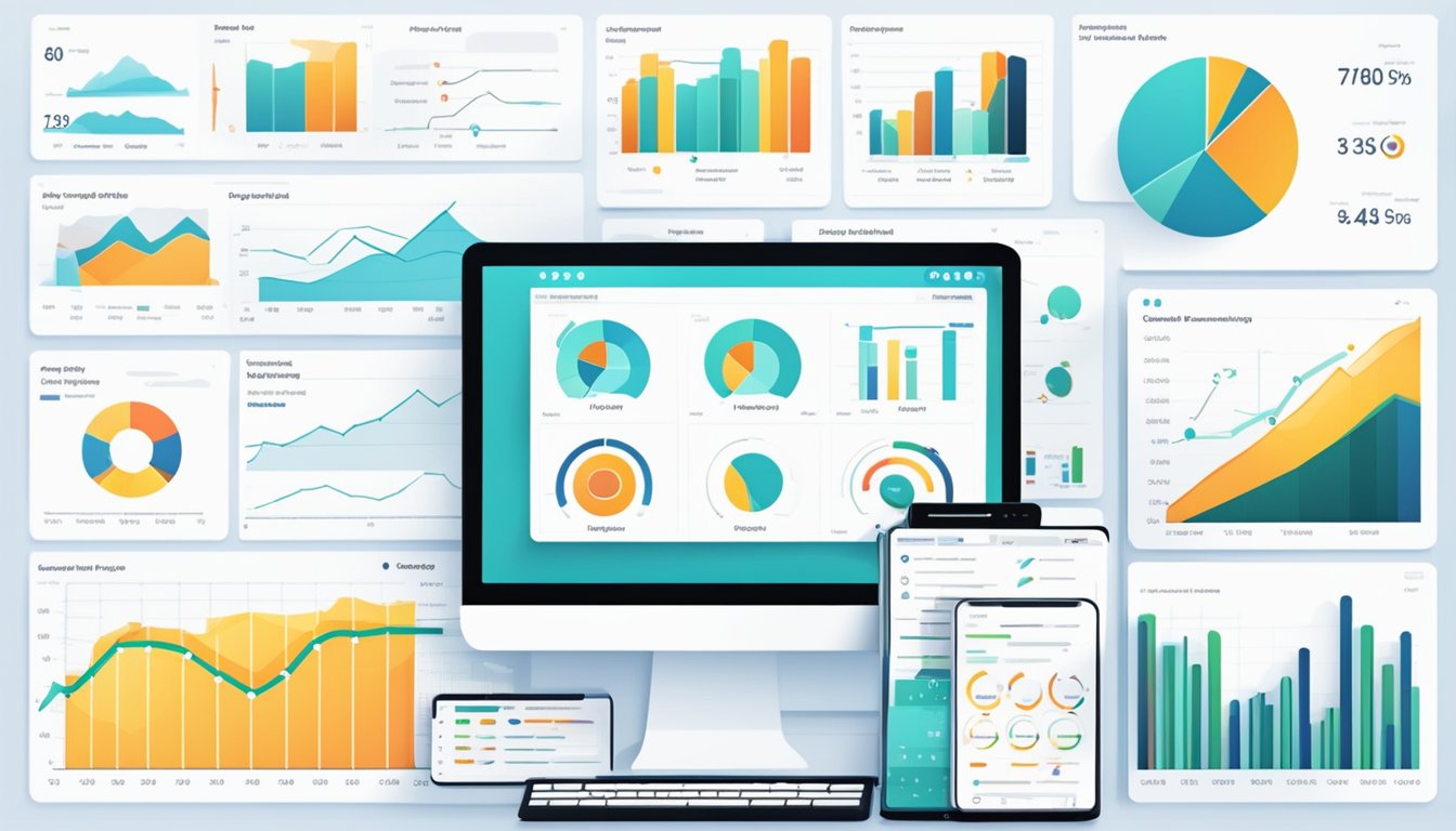 A computer screen displaying 9 SEO dashboard charts and graphs, visualizing search performance metrics