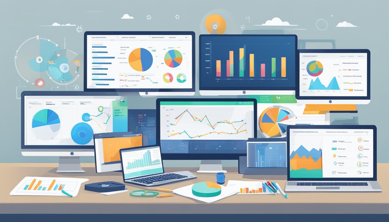 Seven market share analyzers are arranged on a desk, each displaying strategic SEO data.</p><p>Charts, graphs, and reports are scattered around, illustrating the planning process