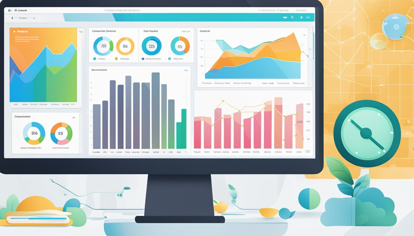 A computer screen displaying Moz Pro 9 SEO dashboards with colorful charts and graphs visualizing search performance