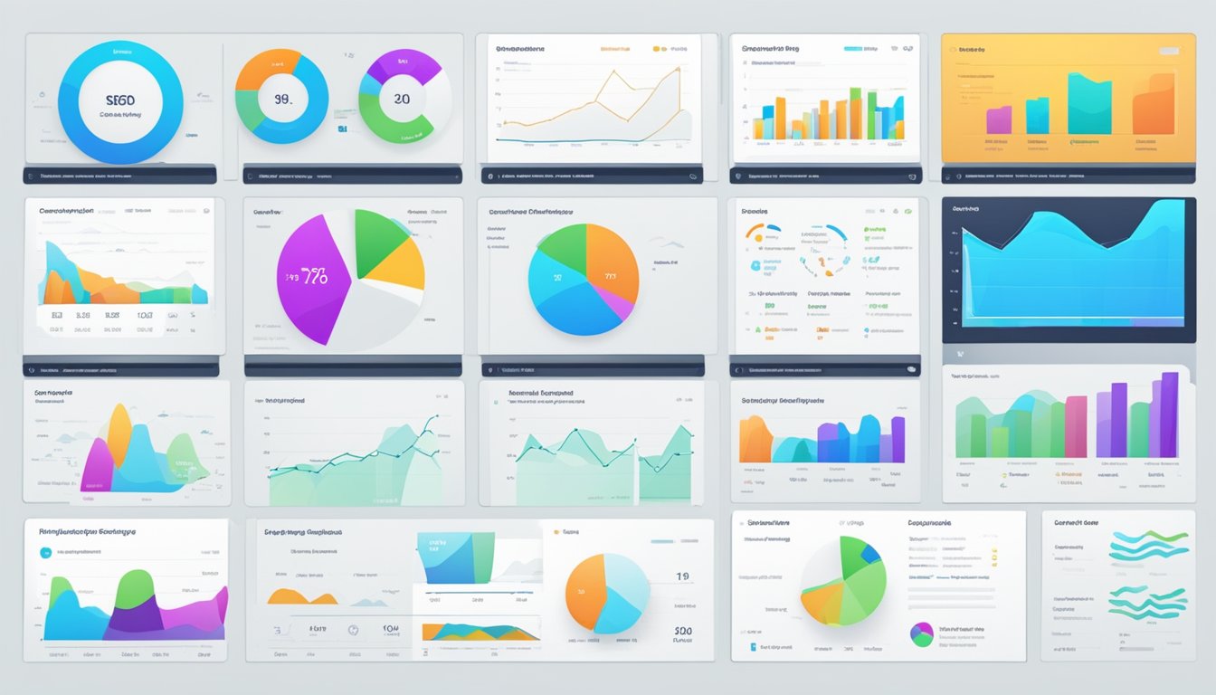 The SEO dashboard displays 9 graphs and charts showing search performance