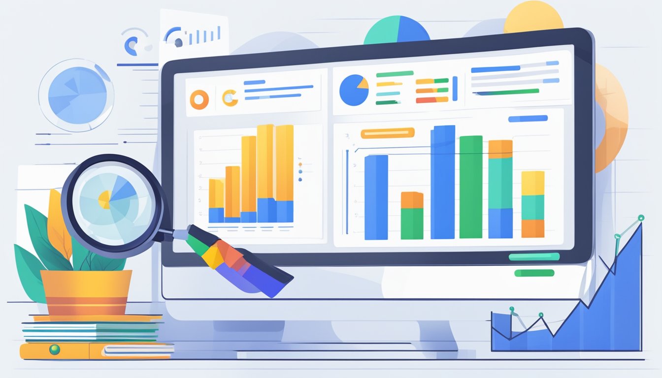 A computer screen displaying Google My Business metrics with charts and graphs.</p><p>A magnifying glass hovers over the screen, highlighting the data