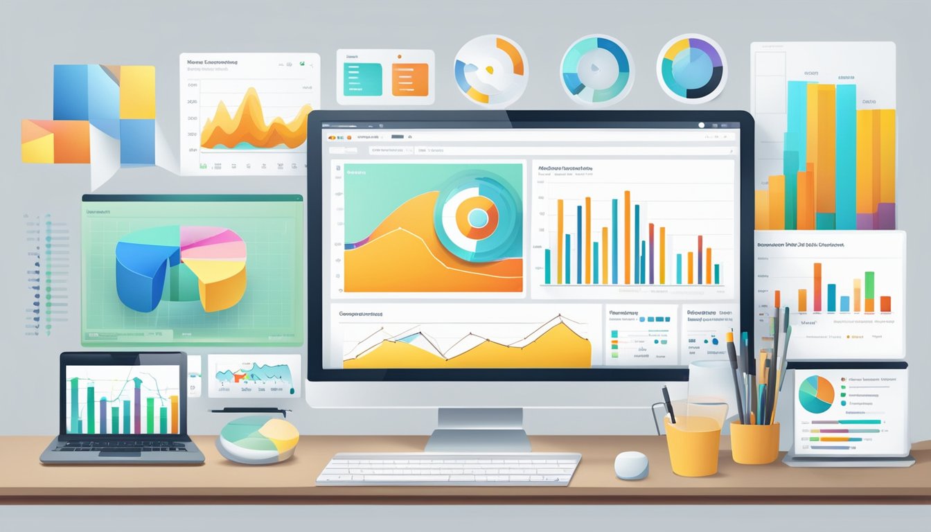 A computer screen displaying various data visualization tools for SEO results presentation