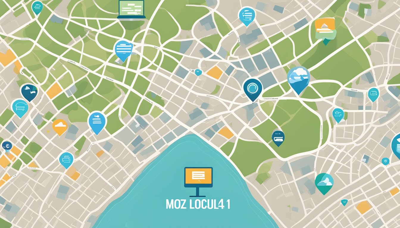 A computer screen displaying Moz Local 6 Citation Builders with SEO metrics and a map of local businesses