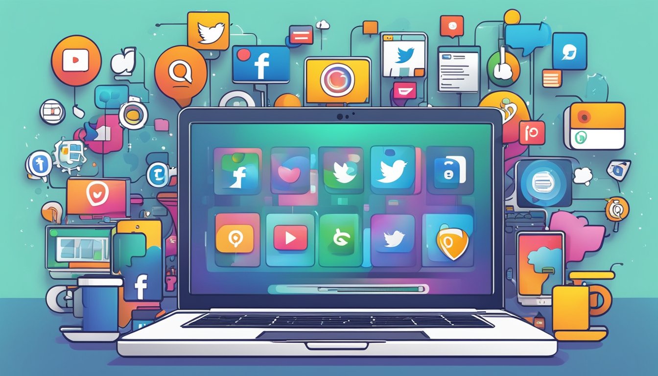 A laptop surrounded by various social media icons and SEO tools, with a vibrant and dynamic background