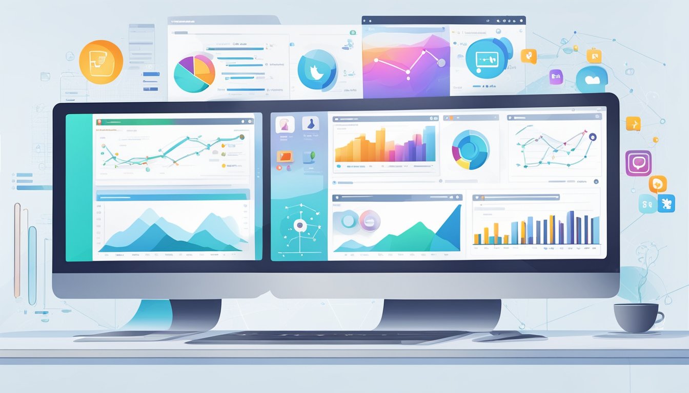 A computer screen displaying various social media optimization tools with SEO elements.</p><p>Graphs, charts, and data visualization are present