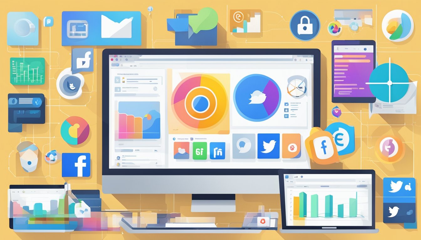 A computer screen displaying various social media optimization tools.</p><p>Graphs and charts show data analysis.</p><p>Icons of different platforms are visible