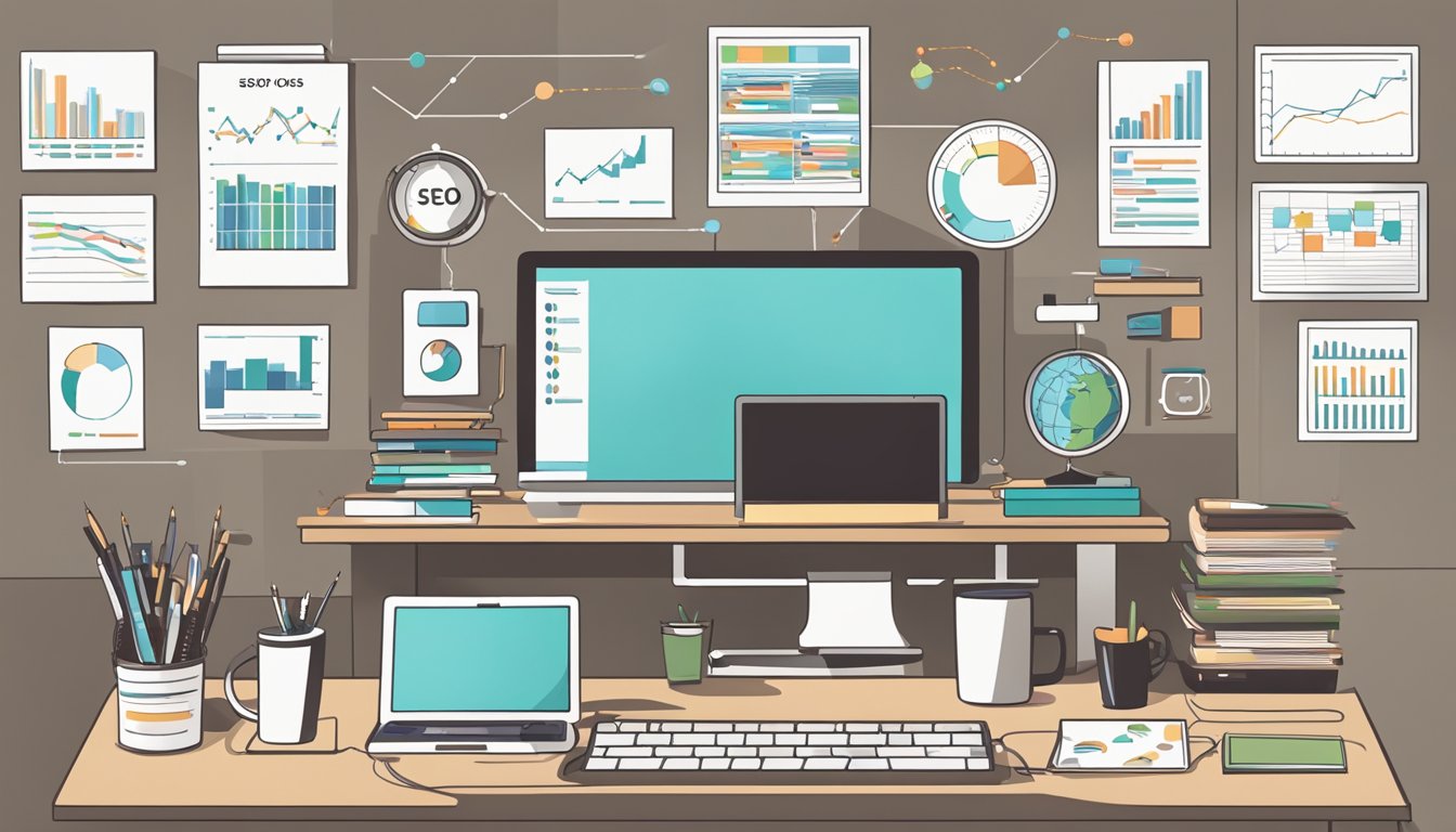 A desk with a computer displaying SEO tools, surrounded by charts and graphs.</p><p>A person's silhouette in the background, indicating a professional search marketer at work