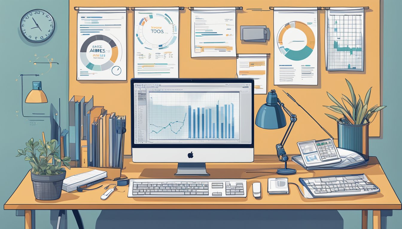 An office desk with a computer displaying Ahrefs SEO tools, surrounded by charts, graphs, and notepads