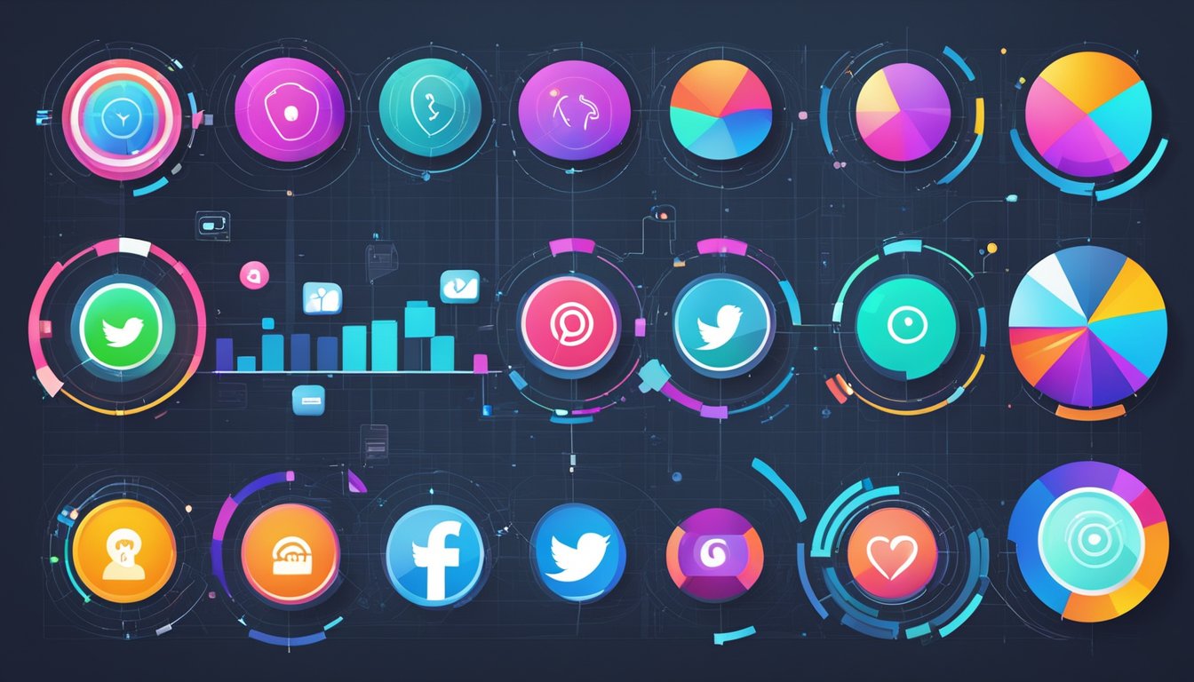 Six signal analyzers arranged in a circular pattern, each displaying different social media metrics.</p><p>Bright colors and digital screens create a modern and dynamic atmosphere