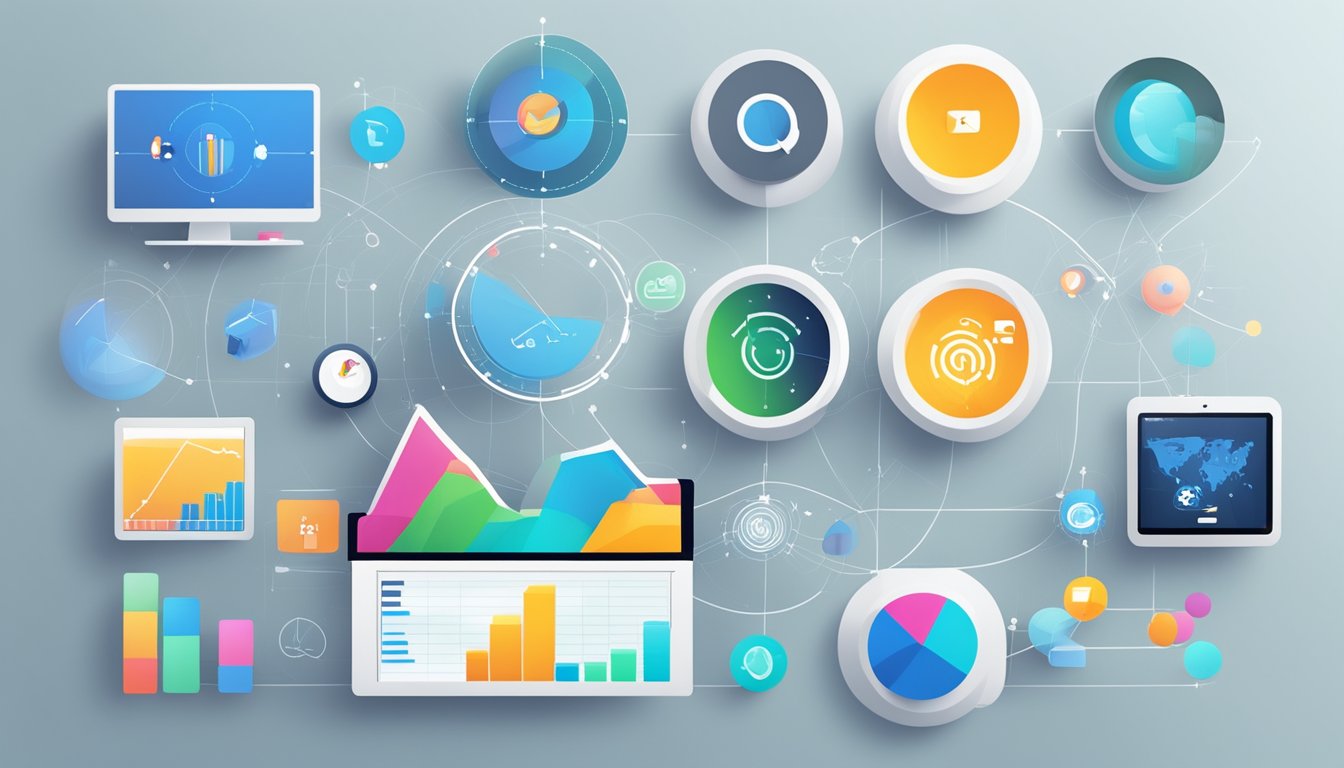 Six social signal analyzers arranged in a circle, each displaying data graphs and metrics.</p><p>A digital screen in the center shows the impact of social SEO