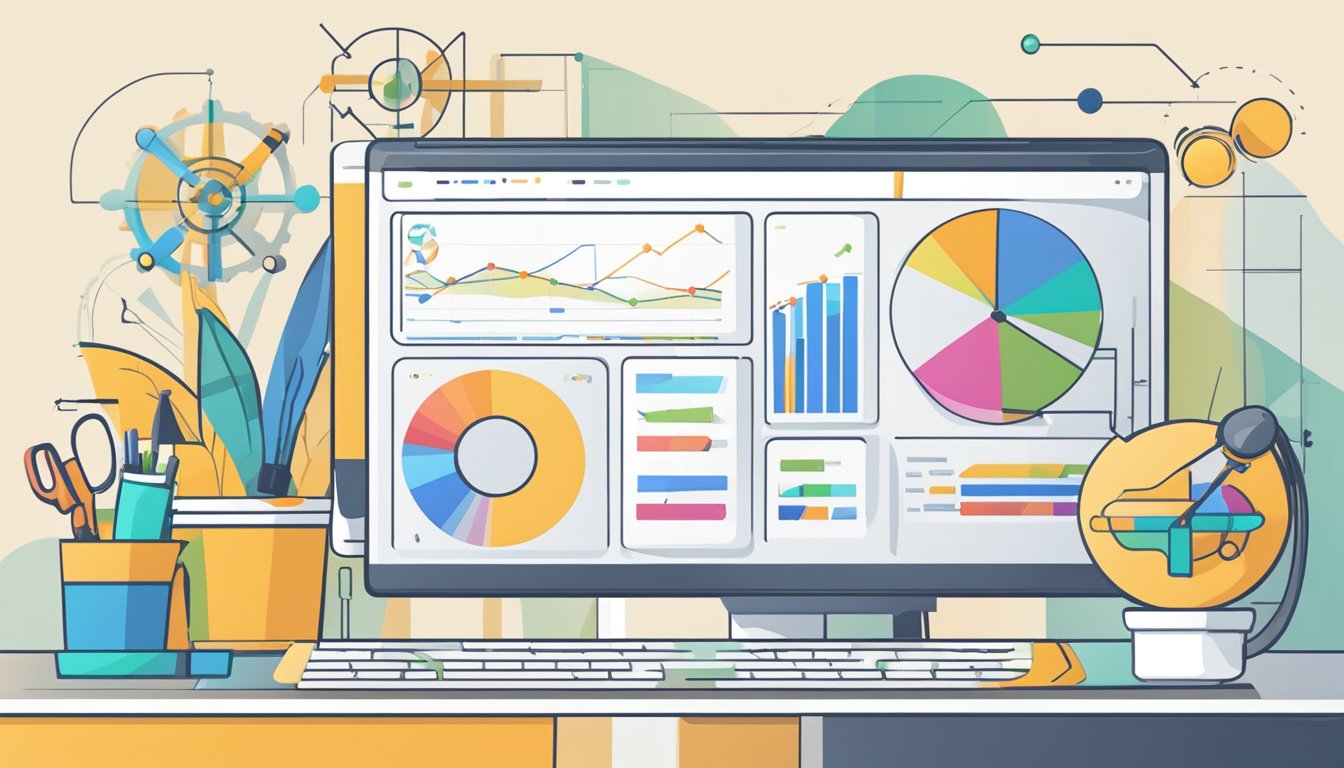 A computer screen displays SpyFu's 8 SEO tools.</p><p>Charts and graphs show keyword rankings and competitor analysis.</p><p>The user navigates the interface with a mouse