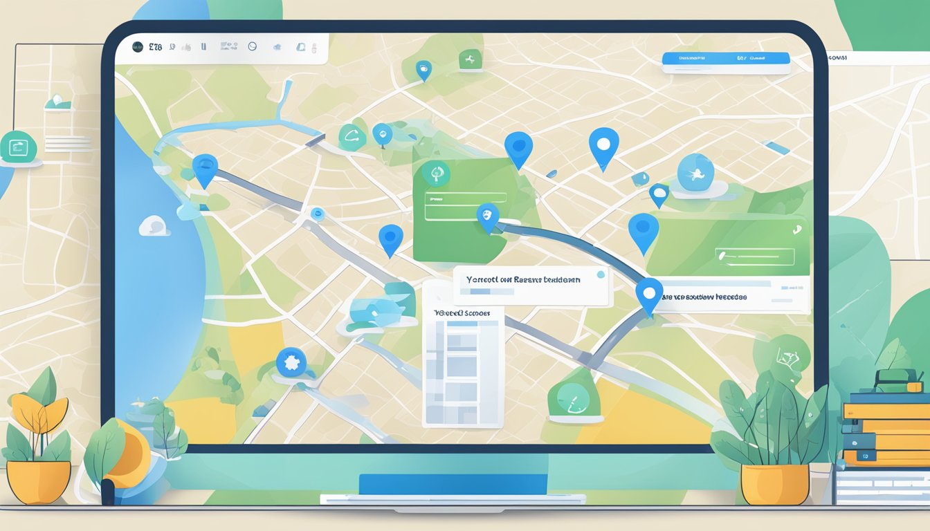 A computer screen displaying Yext Listings and 7 local keyword research tools.</p><p>A map of nearby locations in the background