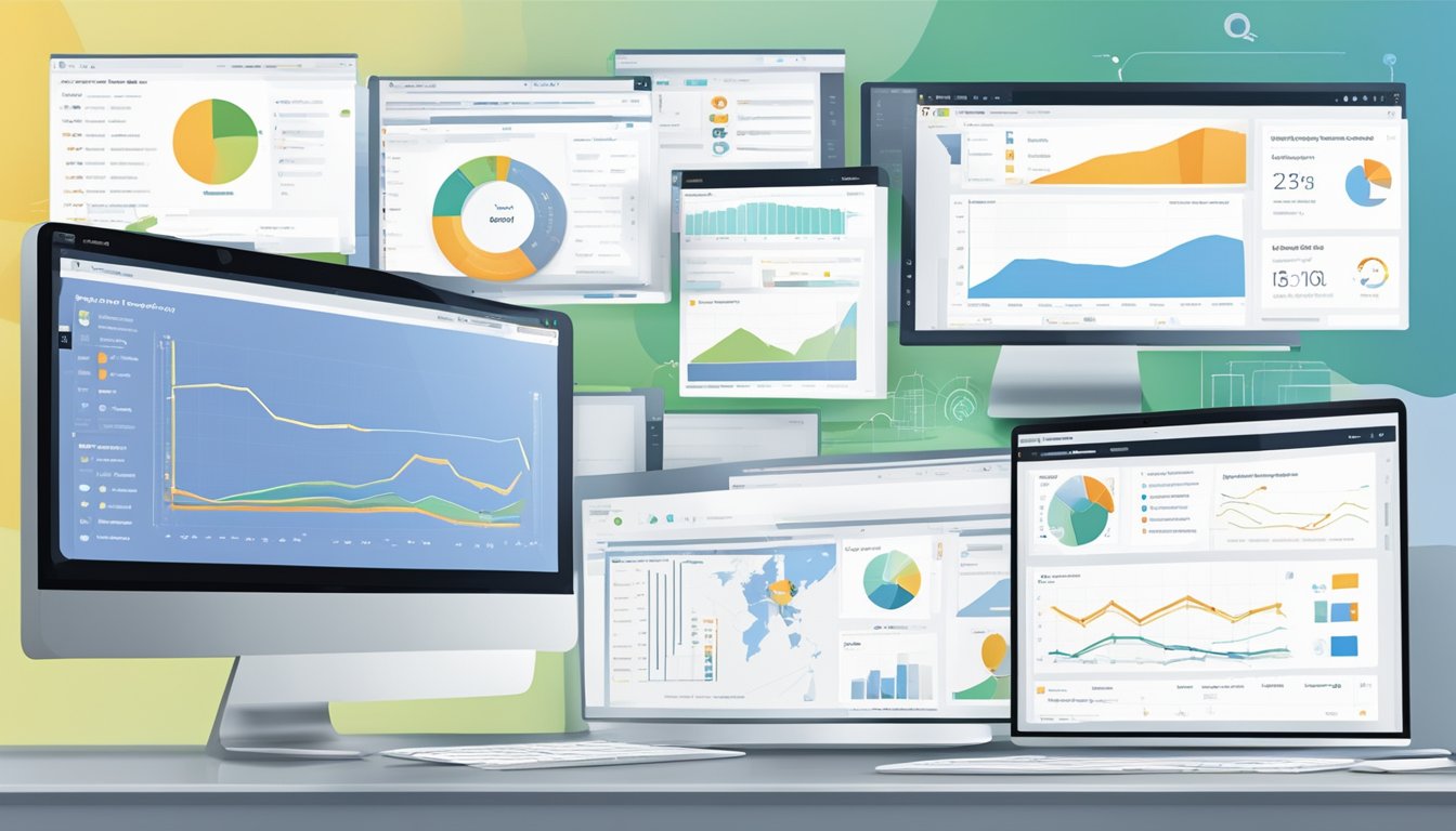 A computer screen displaying the BrightEdge 8 Agency-Level SEO Tools, with various graphs, charts, and data visualizations.</p><p>Multiple tabs open, showing keyword research, backlink analysis, and competitor tracking