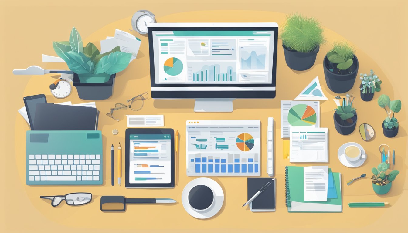 A desk with a computer, surrounded by various SEO tools such as keyword research software, analytics dashboards, and link building tools