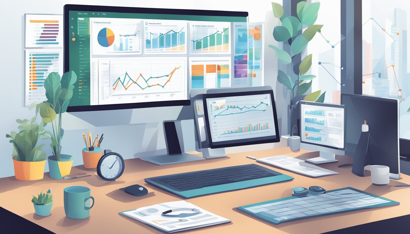 A desk with a computer displaying various SEO tools, charts, and graphs.</p><p>A person analyzing data and creating reports