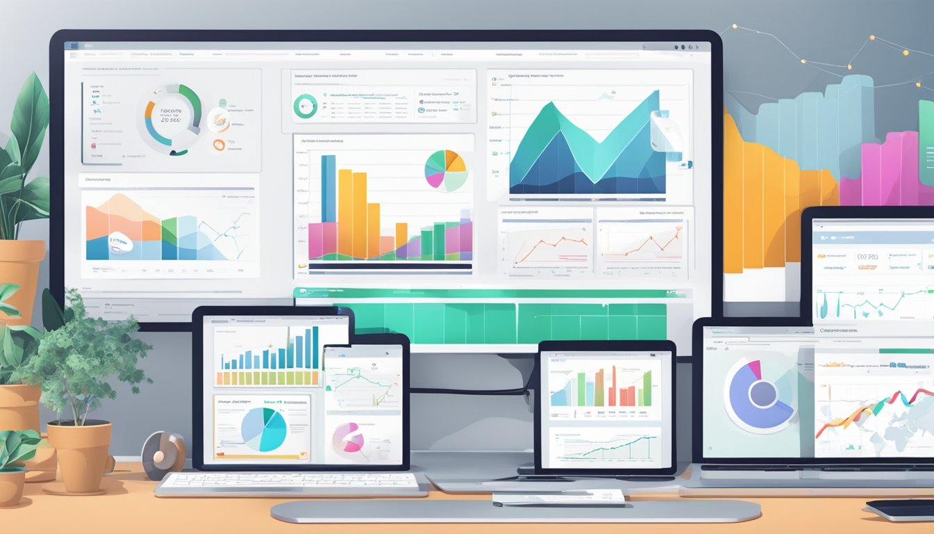 Various SEO platforms displayed on a computer screen, with graphs, charts, and data visualizations showcasing comprehensive search optimization tools