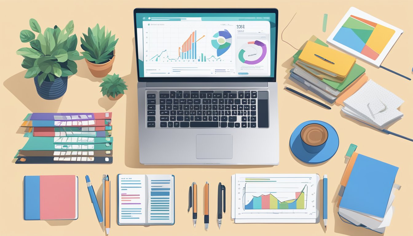 A laptop displaying Ubersuggest's free SEO tools with various graphs and charts, surrounded by a desk cluttered with notebooks and pens