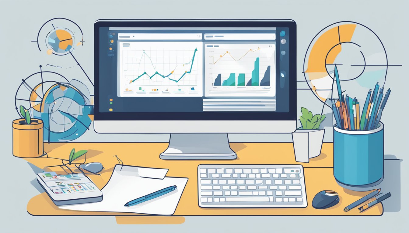 A computer screen displaying various SEO tools with a mix of charts, graphs, and data visualizations.</p><p>A desk with a notepad and pen sits nearby