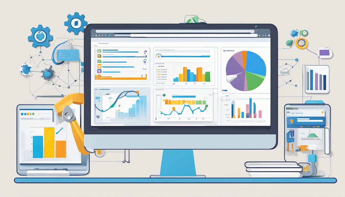 A computer screen displays Moz Link Explorer with various SEO tools.</p><p>Icons and graphs illustrate data, while the interface is clean and user-friendly