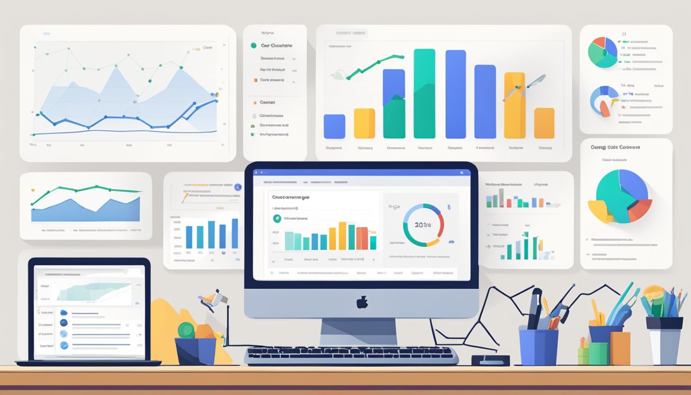 A computer screen displaying Google Search Console with 11 SEO tools.</p><p>Various charts and graphs show website performance