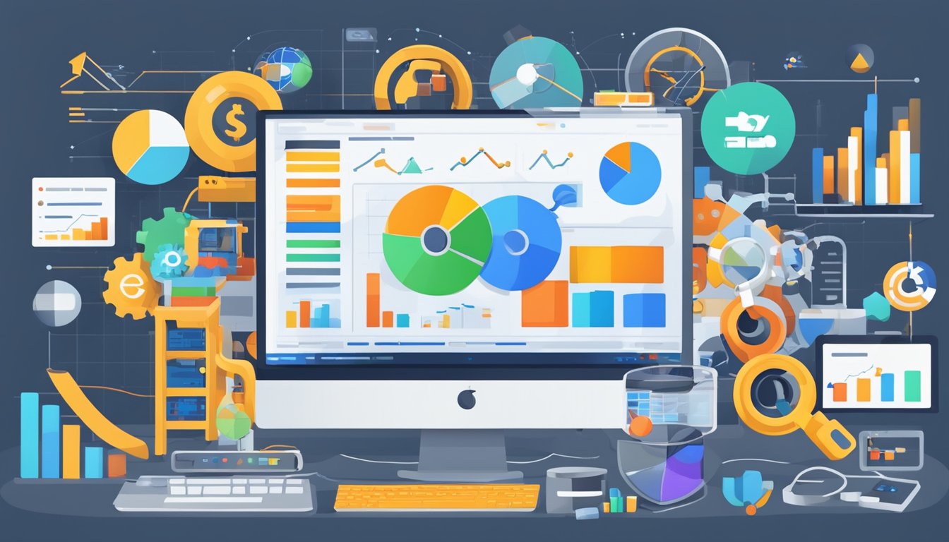 Various SEO tools surround a computer screen, with Amazon and eBay logos in the background.</p><p>Data charts and graphs display marketplace analytics