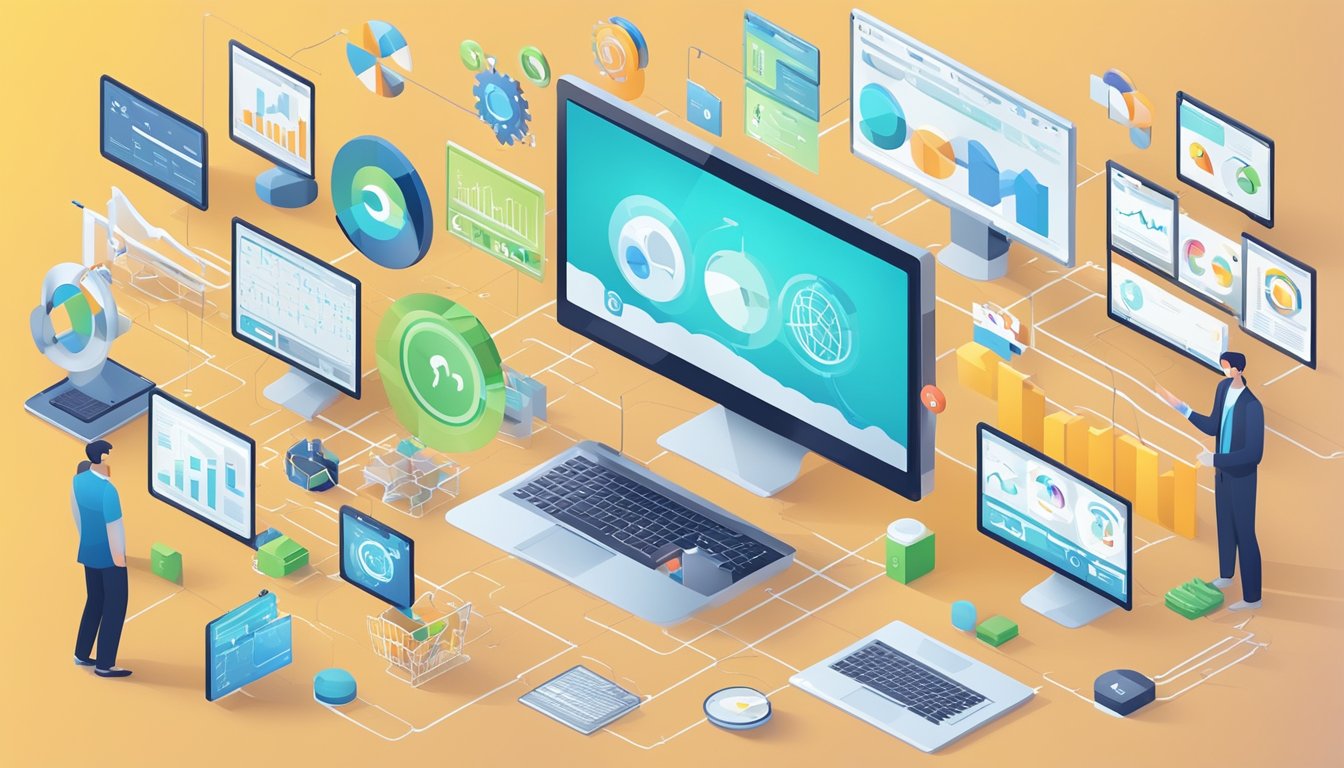 A computer screen displaying 12 SEO platforms with graphs and data charts, surrounded by various digital marketing tools and icons