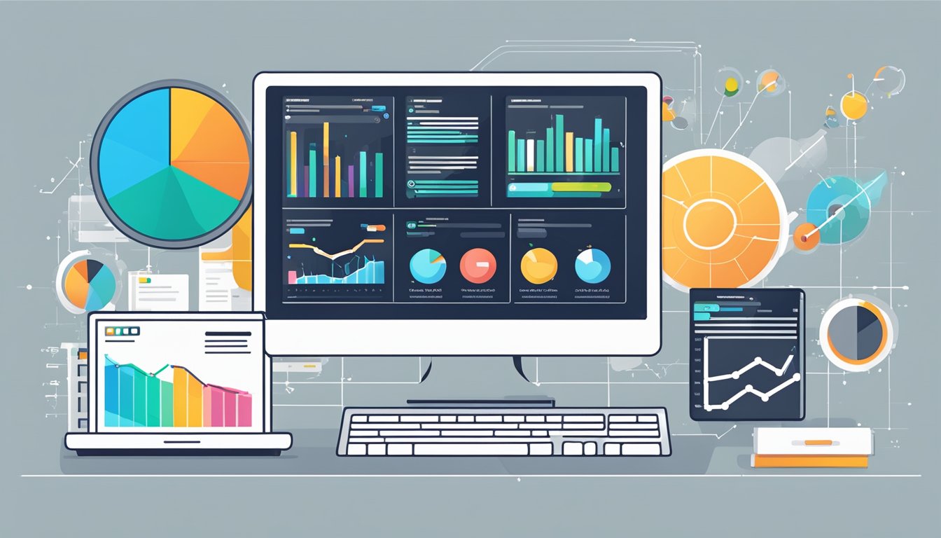 A computer screen displaying various SEO platforms, with graphs and charts showing search optimization data