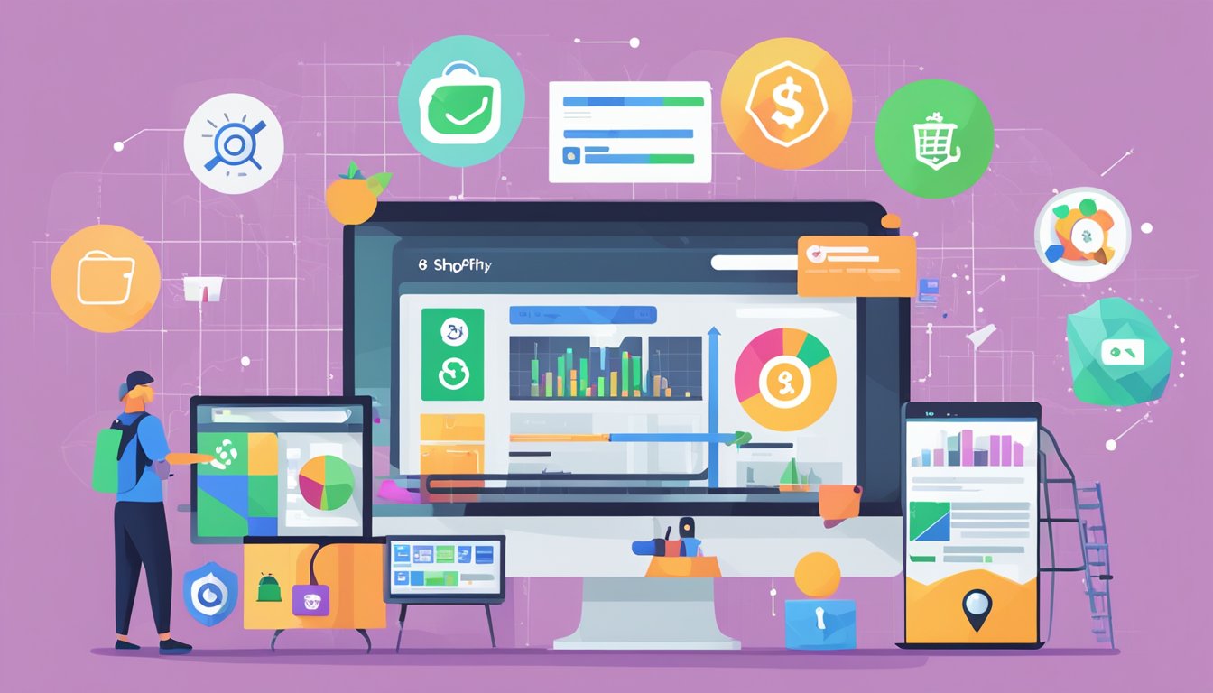 A computer screen displaying 8 Shopify SEO apps with a graph showing increased visibility.</p><p>Icons of the apps are highlighted, and the Shopify logo is prominent