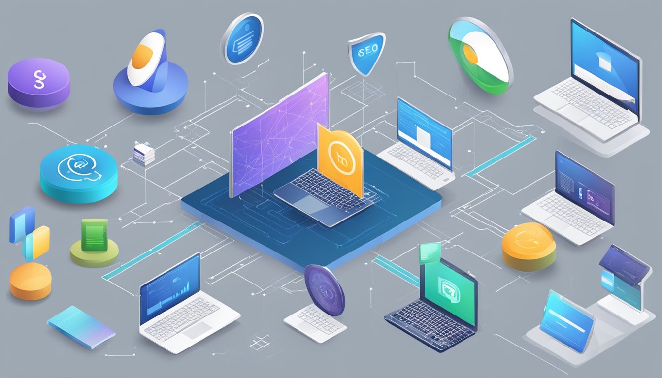 Various SEO platforms merge with existing systems, creating comprehensive search optimization. 12 platforms are shown in the scene