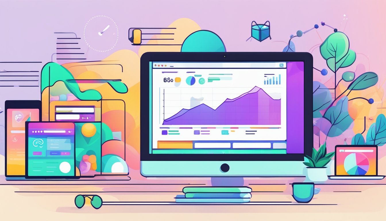 A computer screen displays 8 Shopify SEO apps with vibrant logos.</p><p>A graph in the background shows a steady increase in the e-commerce store's visibility