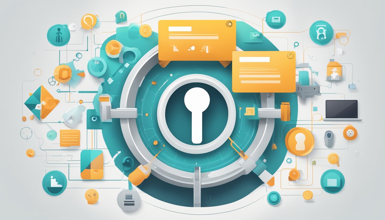 A keyhole surrounded by seven hashtag research tools, symbolizing the amplification of social SEO