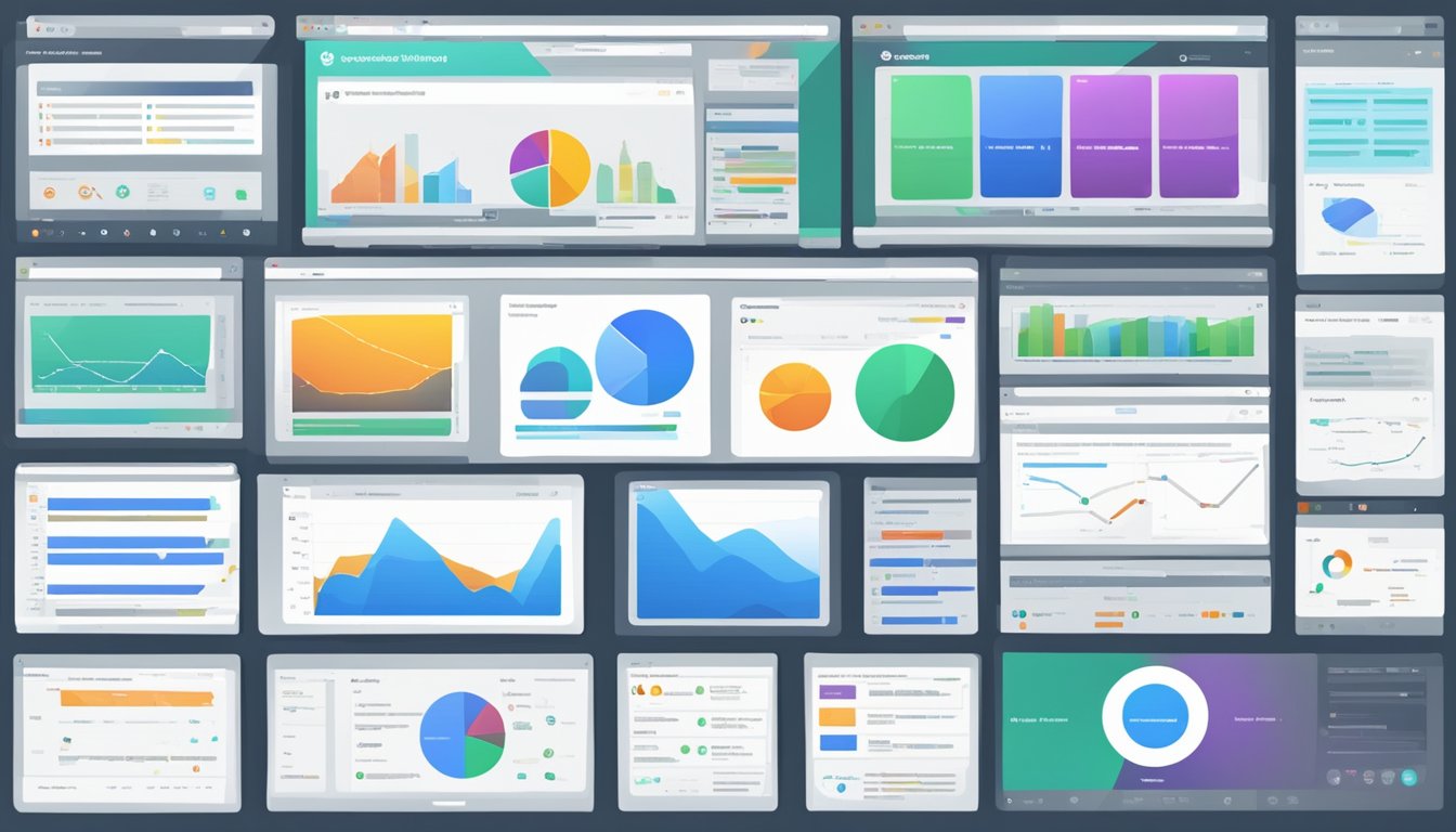 A computer screen displaying 9 browser windows with SEO analysis tools open, each showing different on-page metrics and suggestions